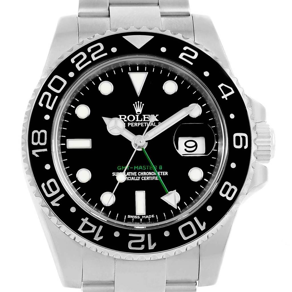 The image shows a front view of the Rolex GMT-Master 116710 Men's Stainless Steel Black Dial 116710 Men's Stainless Steel Black Dial watch, including the dial, bezel, and part of the bracelet.