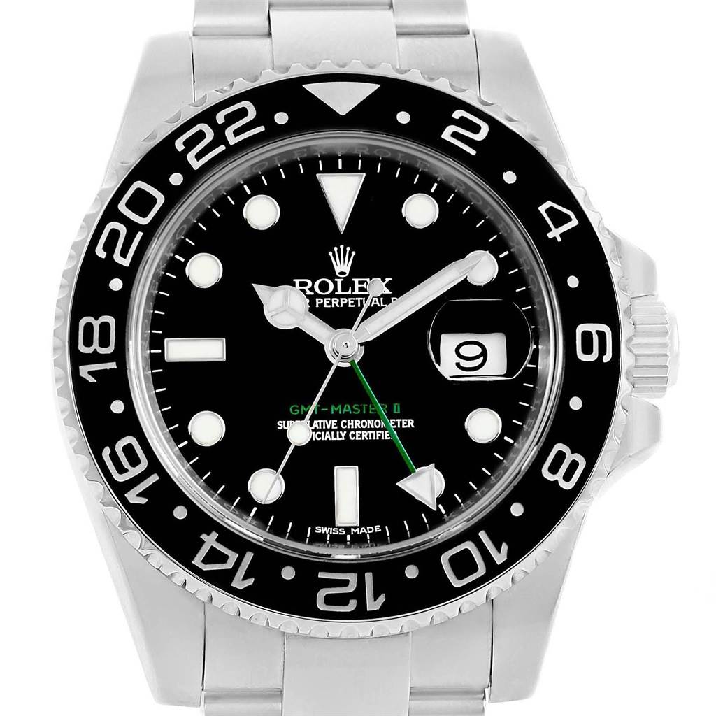 The image shows a front view of the Rolex GMT-Master 116710 Men's Stainless Steel Black Dial 116710 Men's Stainless Steel Black Dial II watch, highlighting its dial, bezel, and bracelet.