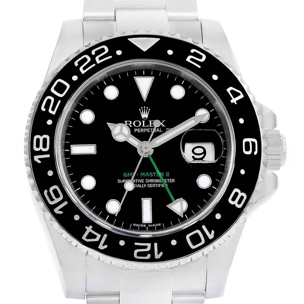 The image shows a front-facing view of a Rolex GMT-Master 116710 Men
s Stainless Steel Black Dial 116710 Men
s Stainless Steel Black Dial II watch, highlighting the bezel, dial, hands, and bracelet.