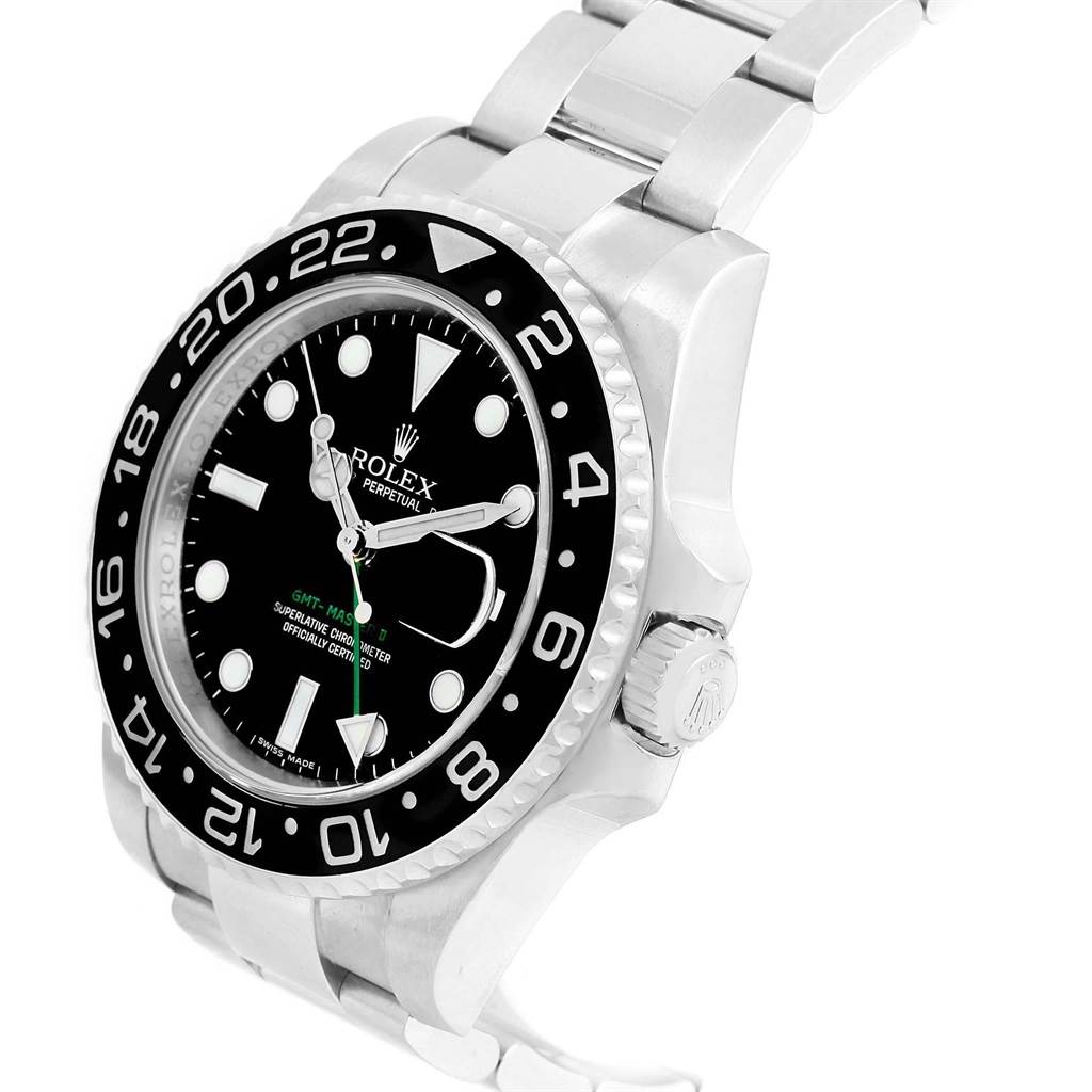 The image shows a Rolex GMT-Master 116710 Men
s Stainless Steel Black Dial 116710 Men
s Stainless Steel Black Dial watch at a three-quarter angle, highlighting the dial, bezel, case, crown, and part of the bracelet.