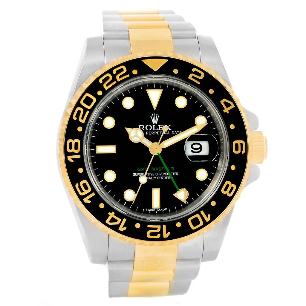This image shows a front view of a Rolex GMT-Master 116713 Men
s Stainless Steel Black Dial 116713 Men
s Stainless Steel Black Dial watch, highlighting the bezel, dial, hands, date window, and two-tone bracelet.