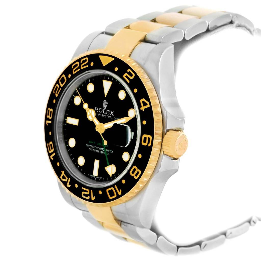 The Rolex GMT-Master 116713 Men
s Stainless Steel Black Dial 116713 Men
s Stainless Steel Black Dial watch is shown at a slight side angle, revealing the face, bezel, crown, and part of the band.