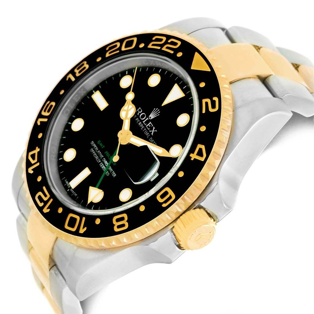 This is a close-up angle of the Rolex GMT-Master 116713 Men
s Stainless Steel Black Dial 116713 Men
s Stainless Steel Black Dial watch, showing the face, bezel, crown, and part of the bracelet.