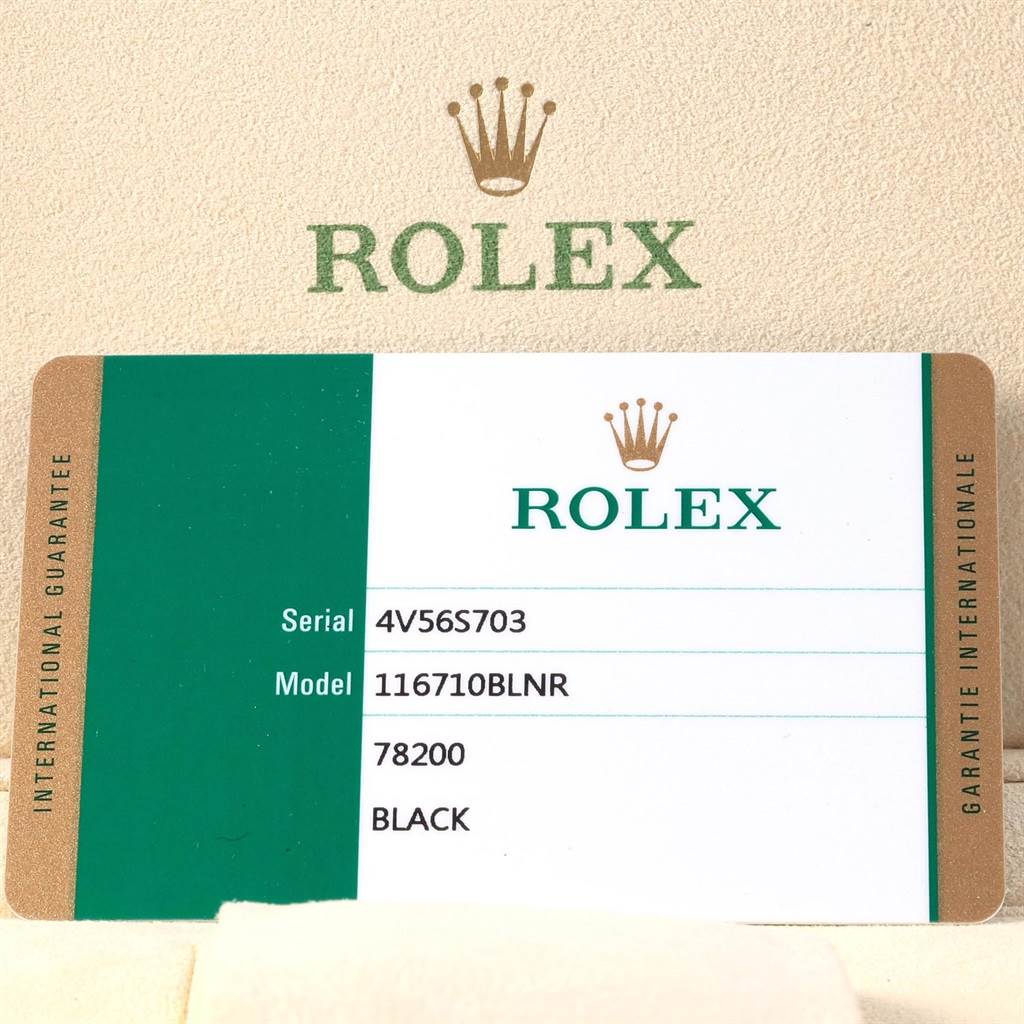 This image shows the guarantee card for a Rolex GMT-Master 116710 Men's Stainless Steel Black Dial 116710 Men's Stainless Steel Black Dial model 116710BLNR with serial number 4V56S703.