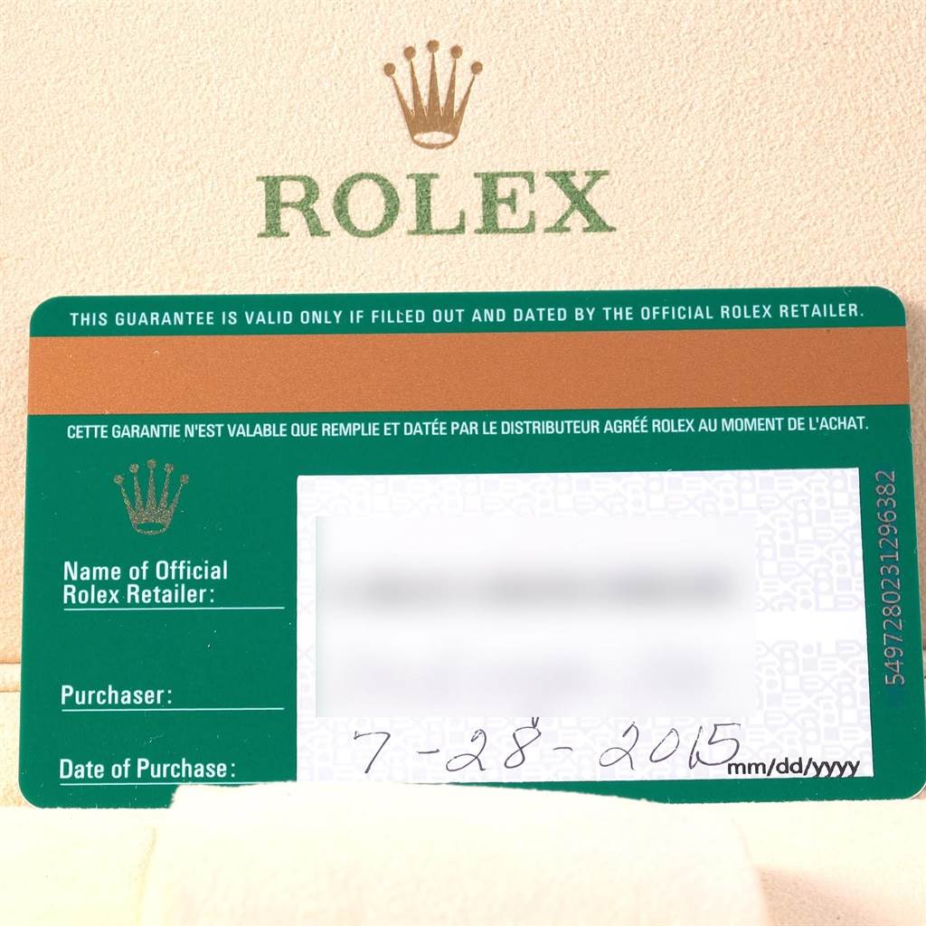 The image shows a warranty card for the Rolex GMT-Master 116710 Men's Stainless Steel Black Dial 116710 Men's Stainless Steel Black Dial watch with a date of purchase and partially obscured details.