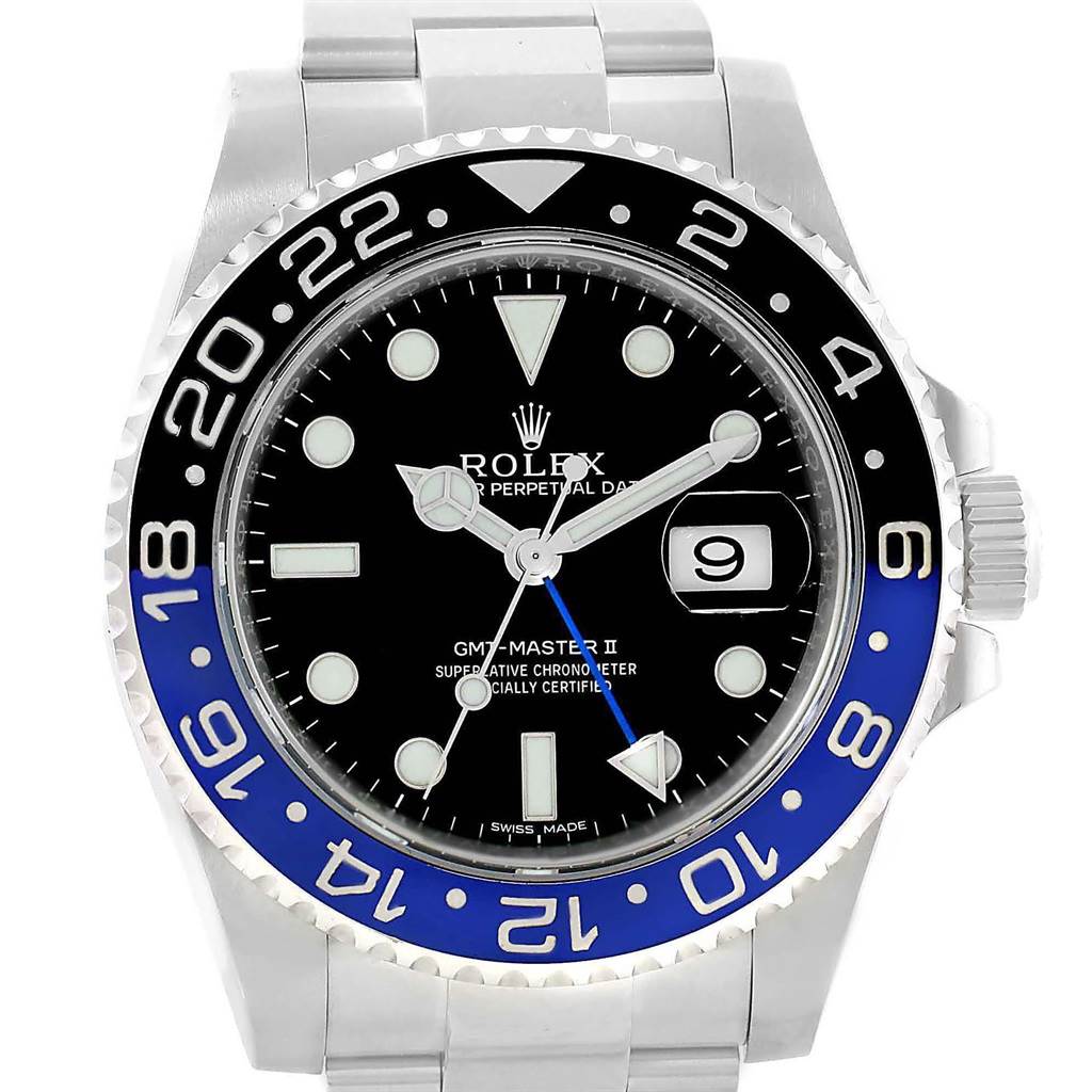The image shows a front view of the Rolex GMT-Master 116710 Men's Stainless Steel Black Dial 116710 Men's Stainless Steel Black Dial II watch displaying the dial, bezel, and part of the bracelet.