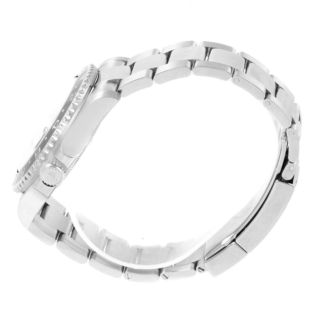 The image shows a side view of the Rolex GMT-Master 116710 Men's Stainless Steel Black Dial 116710 Men's Stainless Steel Black Dial watch, highlighting its bracelet, crown, and partial case.