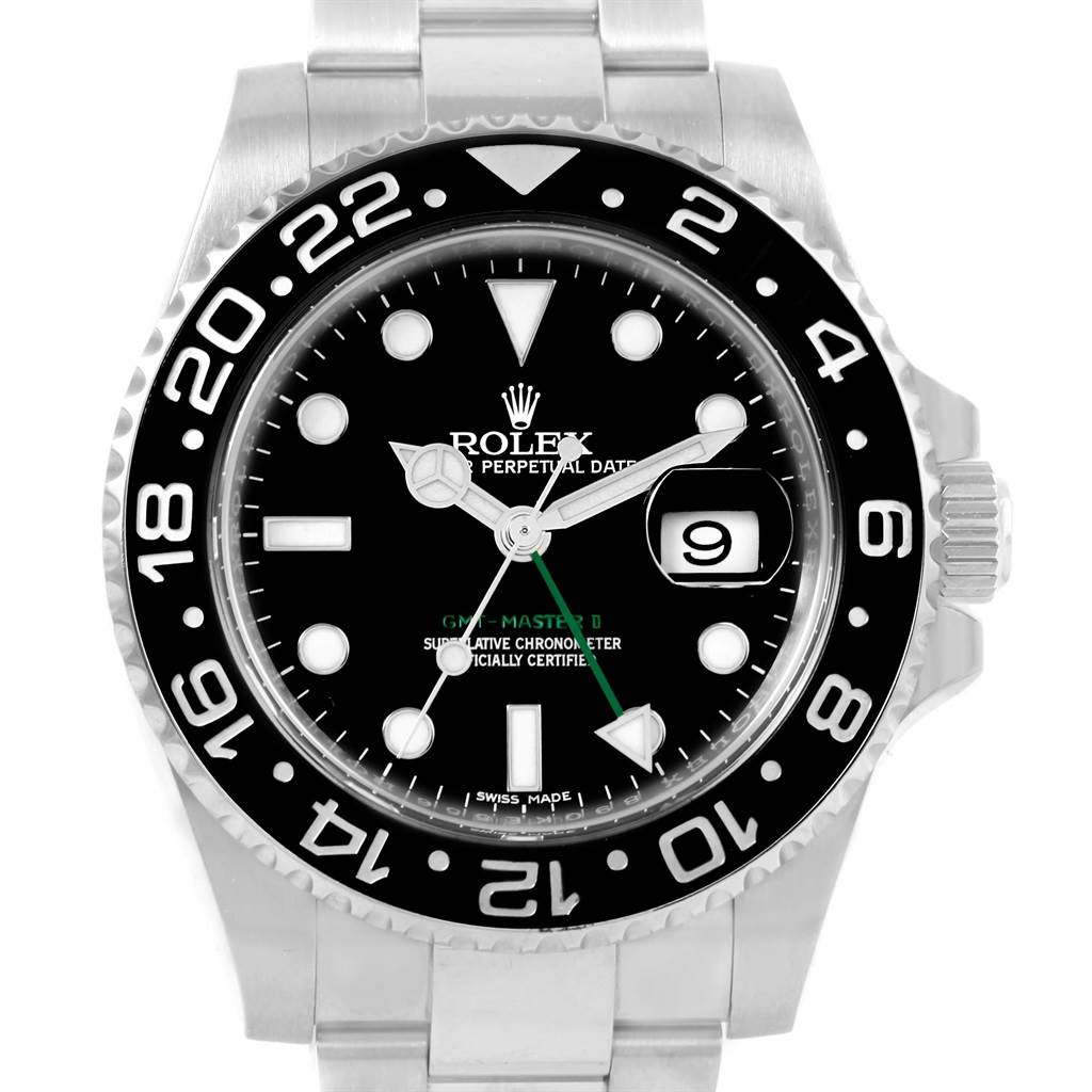 This image shows a Rolex GMT-Master 116710 Men's Stainless Steel Black Dial 116710 Men's Stainless Steel Black Dial II from a front angle, displaying the watch's face, bezel, crown, and part of the bracelet.