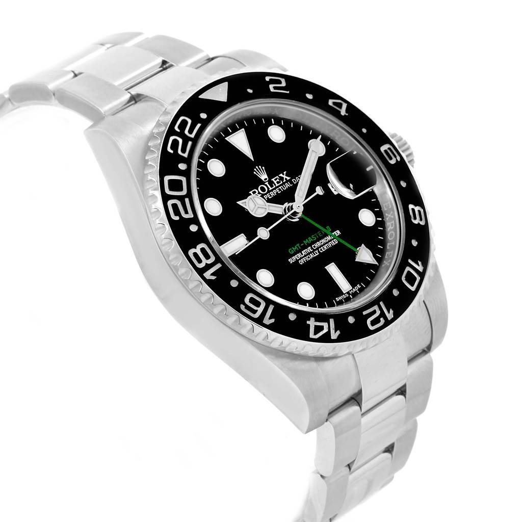 The image shows an angled view of a Rolex GMT-Master 116710 Men's Stainless Steel Black Dial 116710 Men's Stainless Steel Black Dial watch, highlighting its black bezel, dial, and stainless steel bracelet.