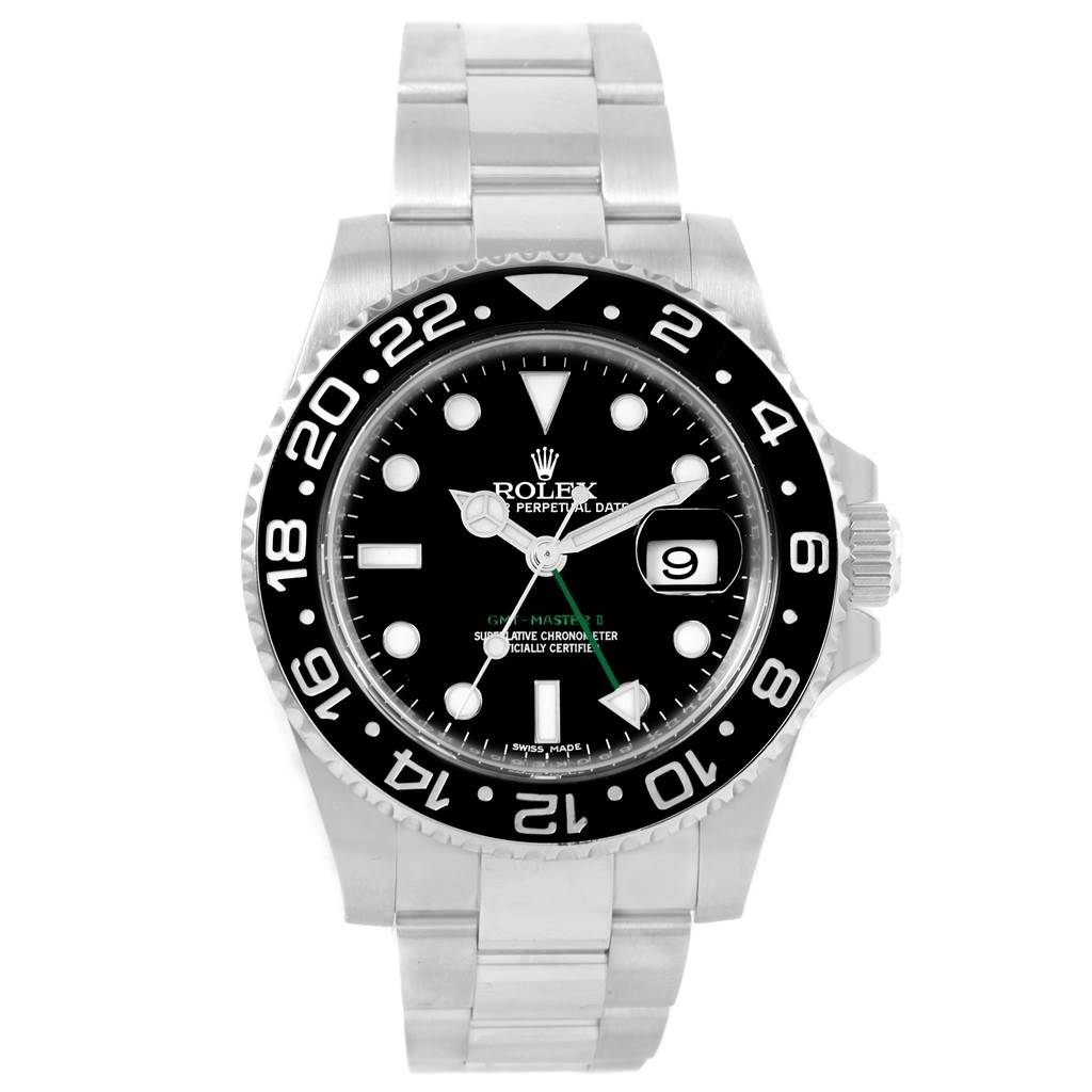The Rolex GMT-Master 116710 Men's Stainless Steel Black Dial 116710 Men's Stainless Steel Black Dial watch is shown from a front angle, displaying its dial, bezel, and part of its metal bracelet.