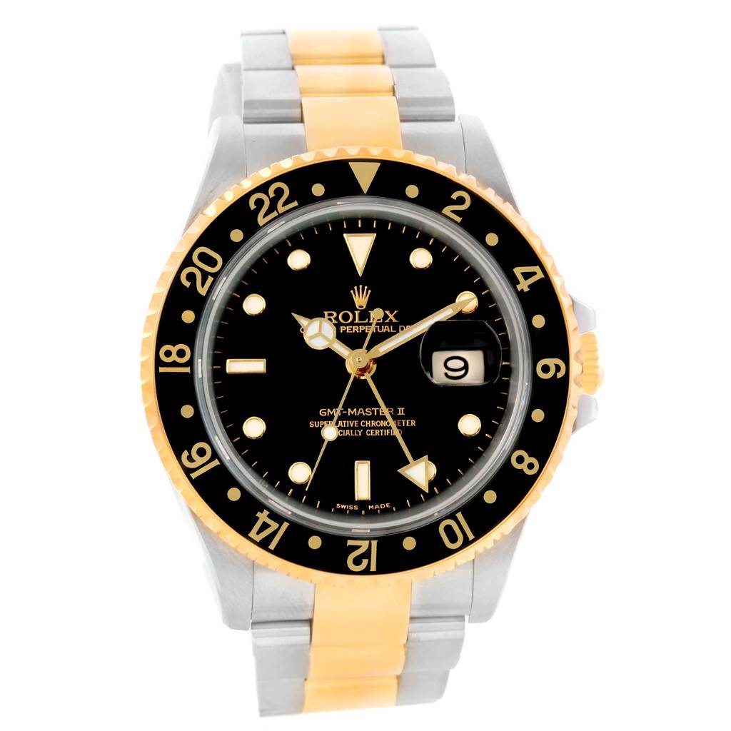 The image shows a front view of a Rolex GMT-Master 16713 Men's Stainless Steel Black Dial 16713 Men's Stainless Steel Black Dial II watch, displaying the bezel, dial, hands, and part of the bracelet.