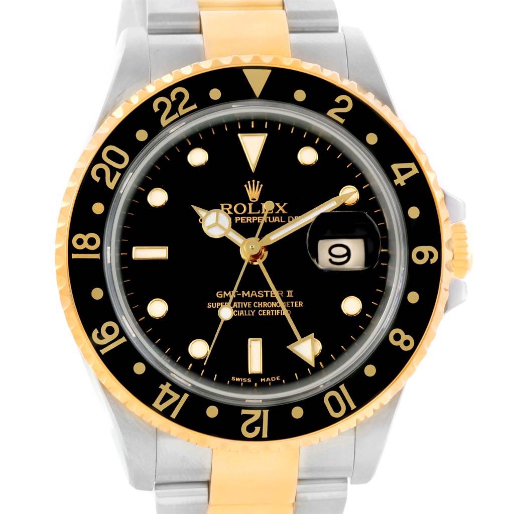 This image shows a front view of the Rolex GMT-Master 16713 Men's Stainless Steel Black Dial 16713 Men's Stainless Steel Black Dial II watch, highlighting its black dial, date window, and two-tone metal bracelet.