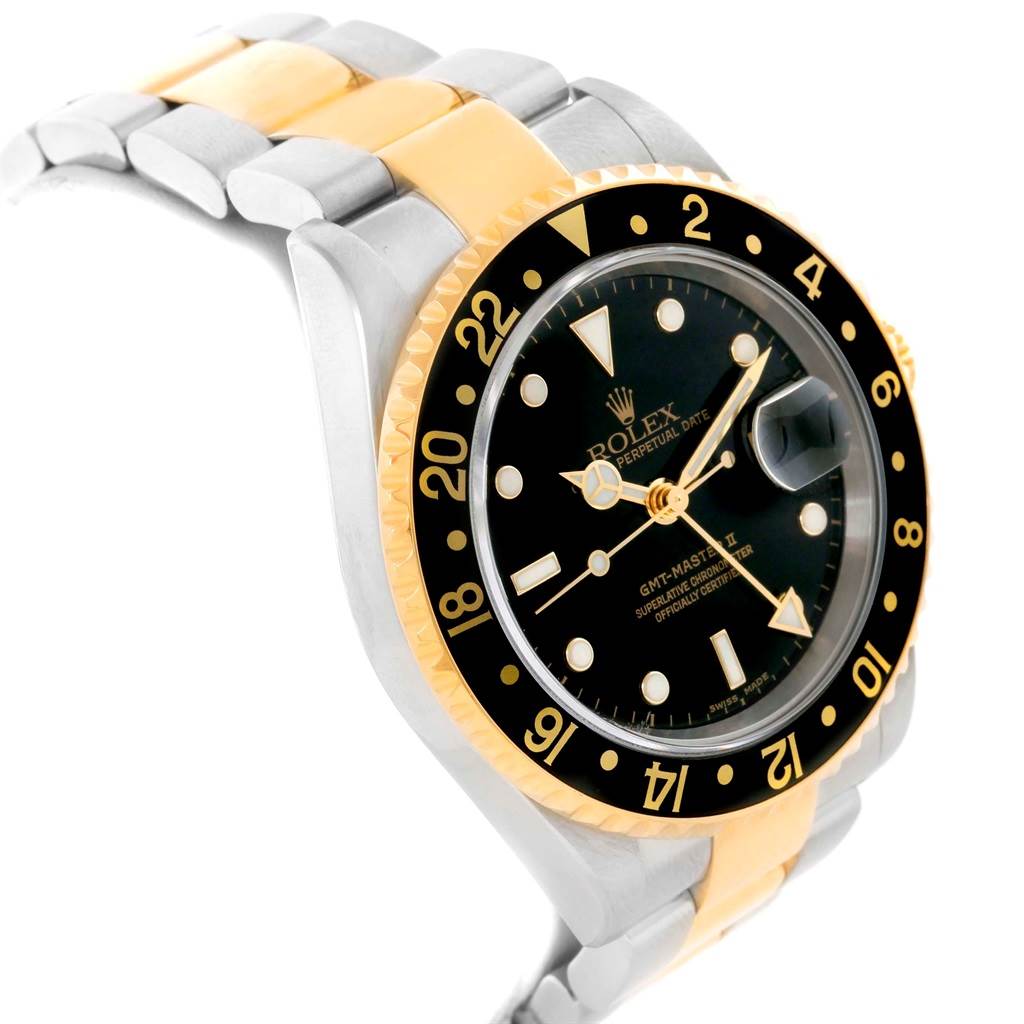 The image shows a Rolex GMT-Master 16713 Men's Stainless Steel Black Dial 16713 Men's Stainless Steel Black Dial watch angled to display the face, bezel, and part of the bracelet.