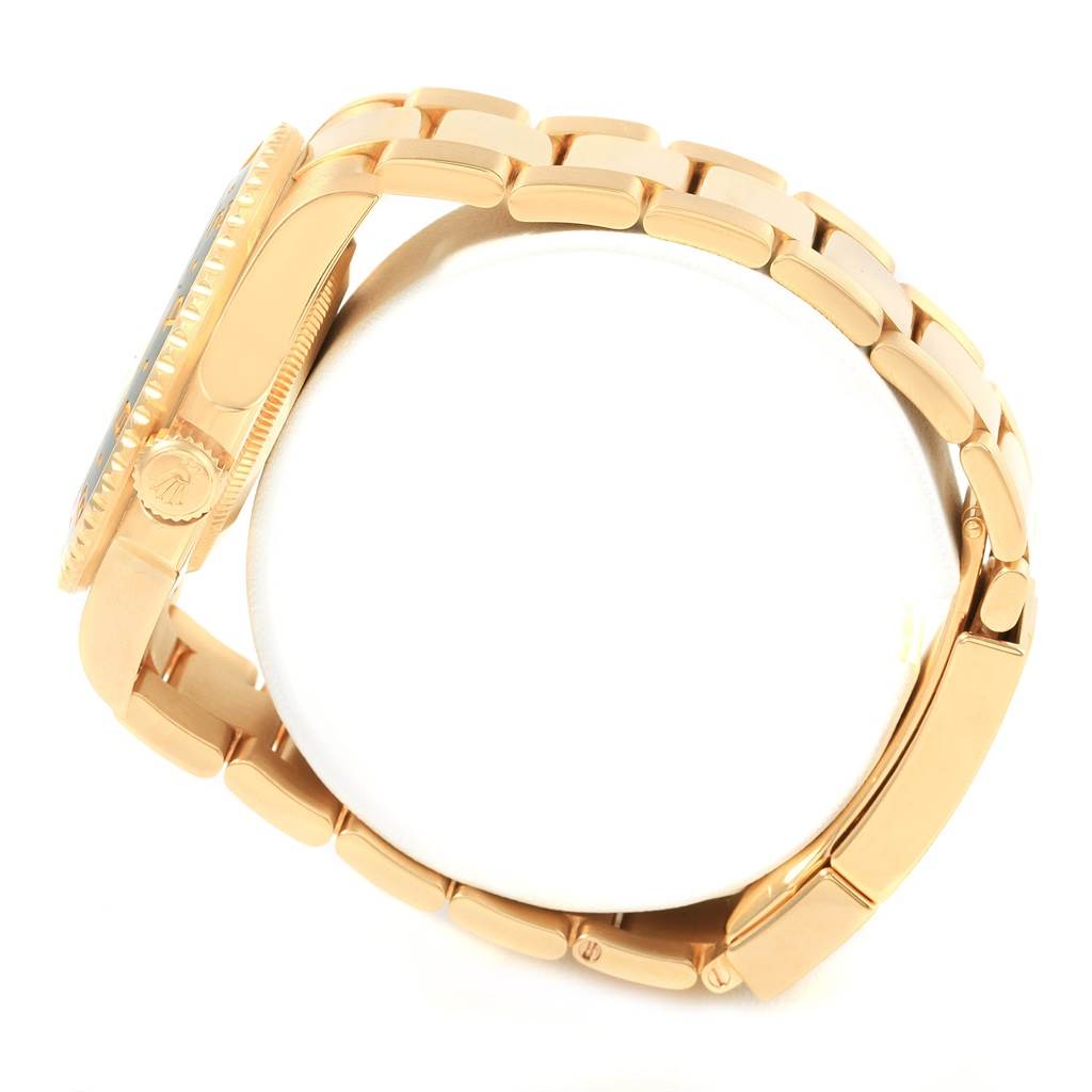 The image shows a side view of the Rolex GMT-Master 116718 Men's Yellow Gold Green Dial 116718 Men's Yellow Gold Green Dial watch, focusing on the case, crown, and bracelet.