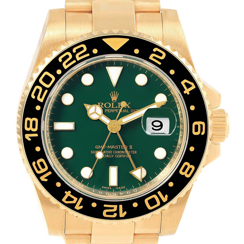 The image shows a front view of a Rolex GMT-Master 116718 Men's Yellow Gold Green Dial 116718 Men's Yellow Gold Green Dial II watch with a green dial, gold case, and black bezel.