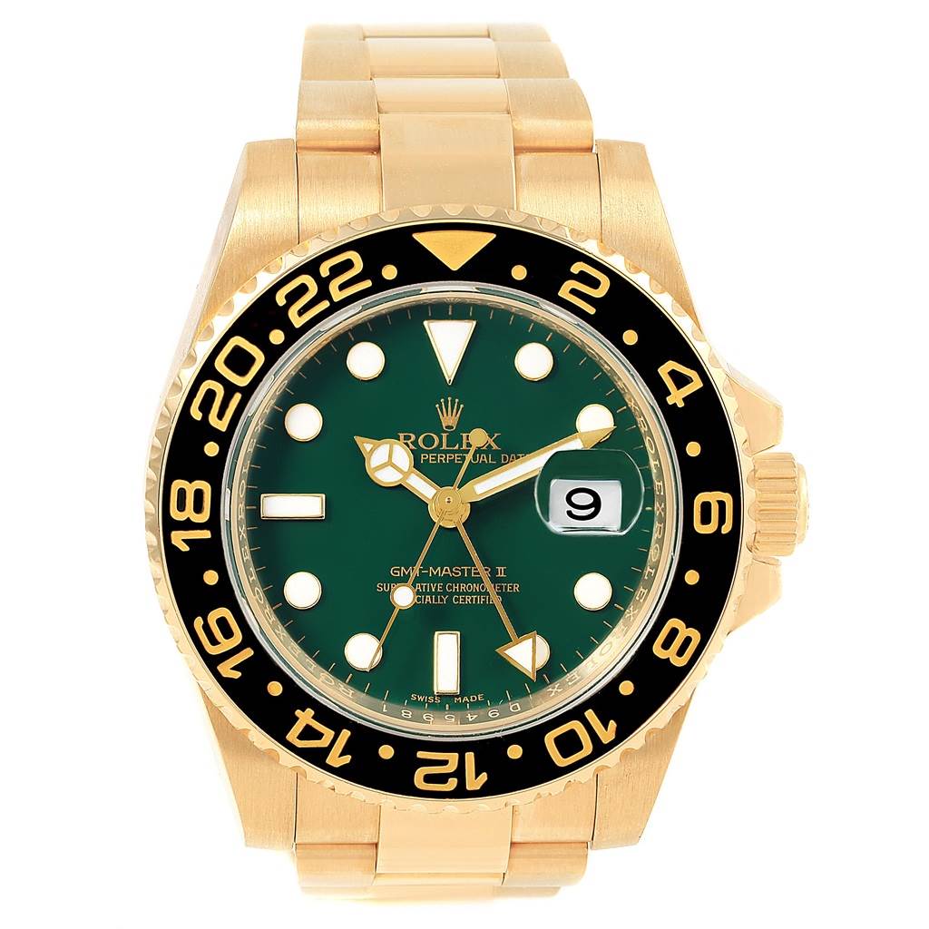 The image shows a frontal view of the Rolex GMT-Master 116718 Men's Yellow Gold Green Dial 116718 Men's Yellow Gold Green Dial II, showcasing the green dial, gold case, and black bezel.
