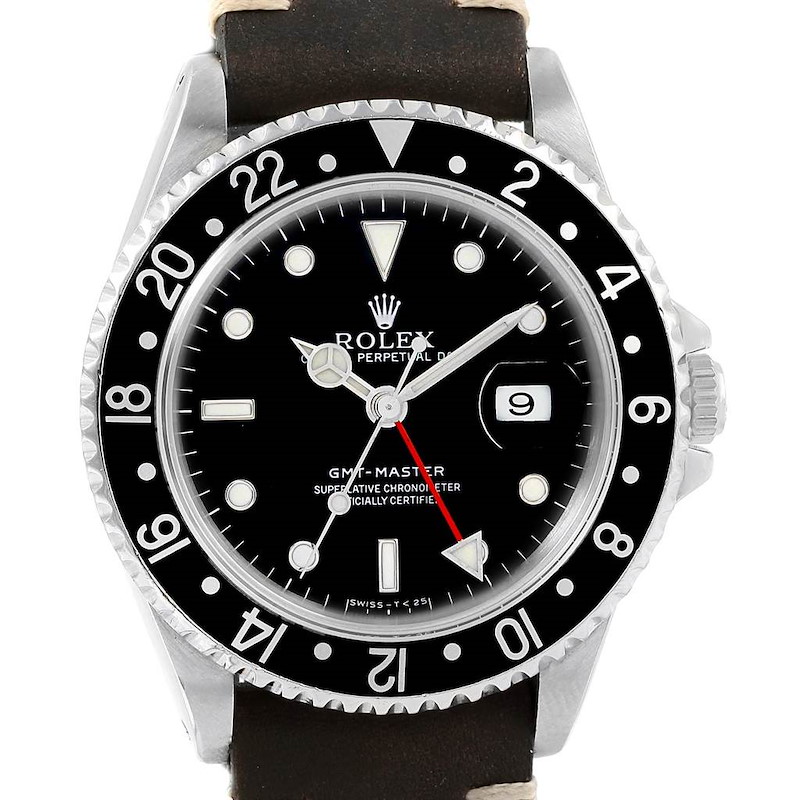 Rolex GMT Master Black Bezel Leather Strap Steel Mens Watch 16700 SwissWatchExpo