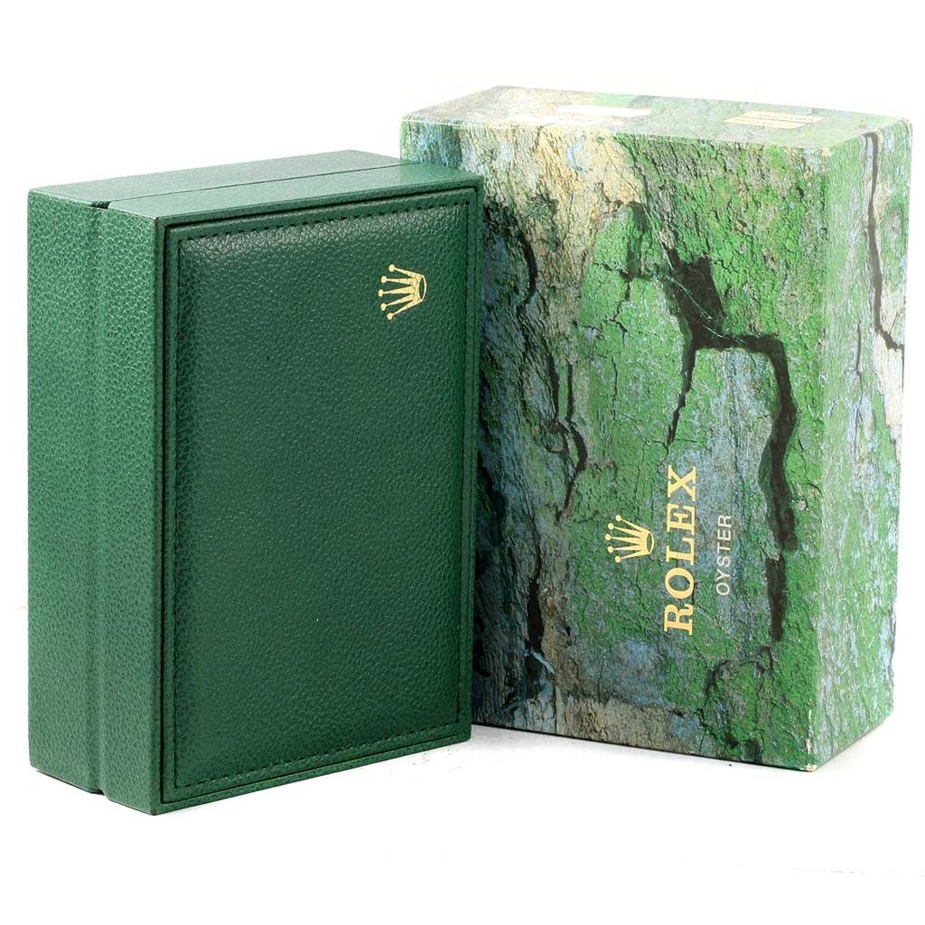 This image shows the packaging, including the green box and outer box, for a Rolex GMT-Master 16700 Men's Stainless Steel Black Dial 16700 Men's Stainless Steel Black Dial watch.