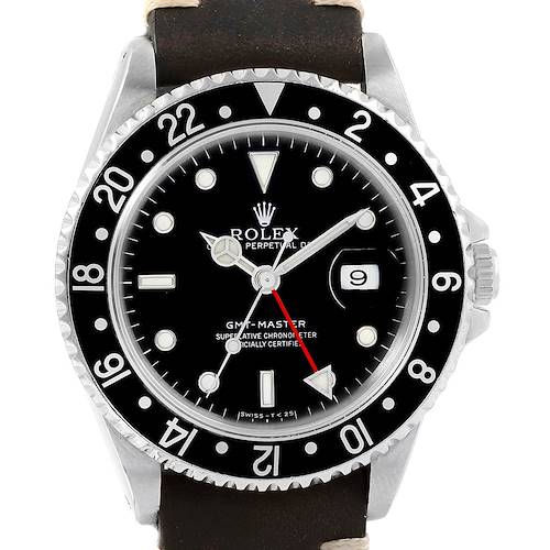 Photo of Rolex GMT Master Black Bezel Leather Strap Steel Mens Watch 16700