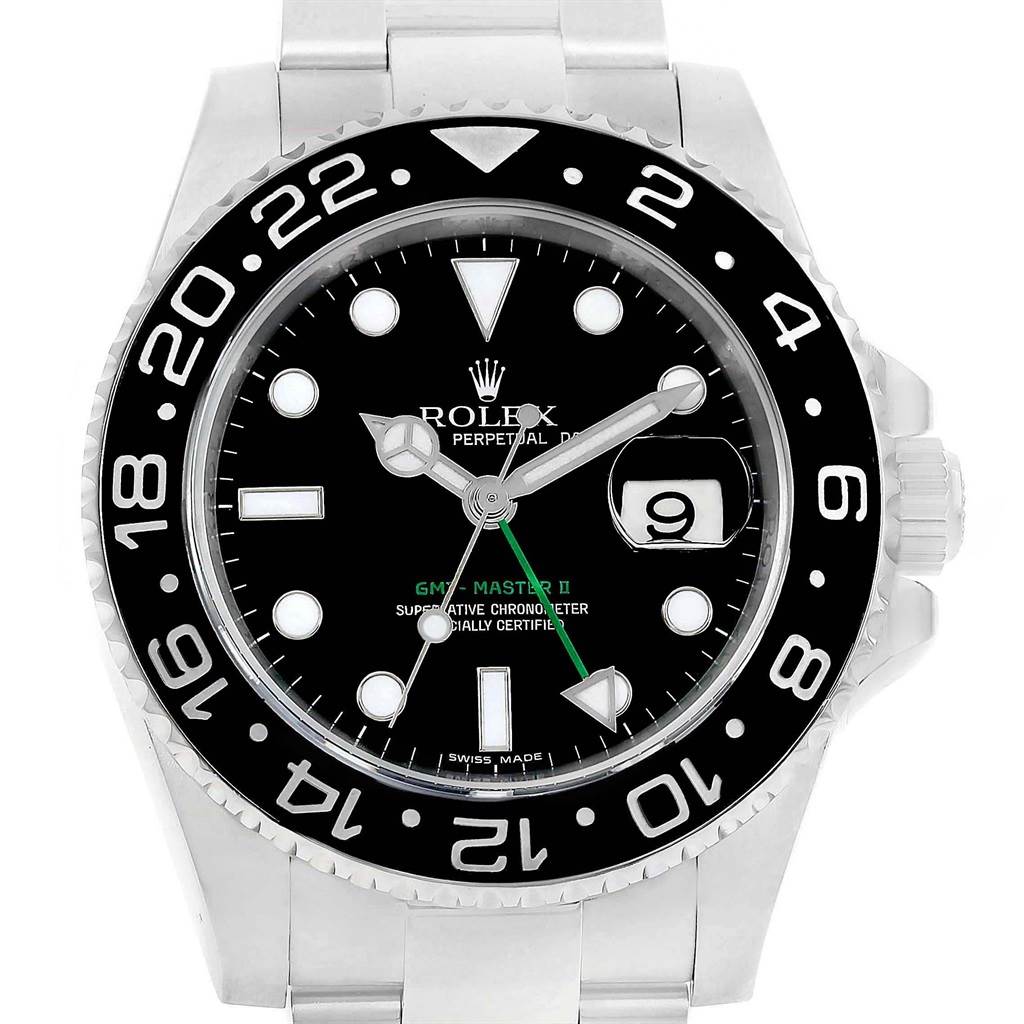 This image shows a front view of the Rolex GMT-Master 116710 Men's Stainless Steel Black Dial 116710 Men's Stainless Steel Black Dial II watch, focusing on the dial, bezel, and bracelet.