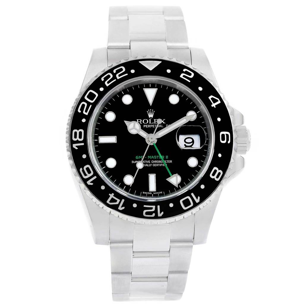 This image shows a front view of a Rolex GMT-Master 116710 Men's Stainless Steel Black Dial 116710 Men's Stainless Steel Black Dial watch, displaying the face, bezel, dial, hands, and bracelet.