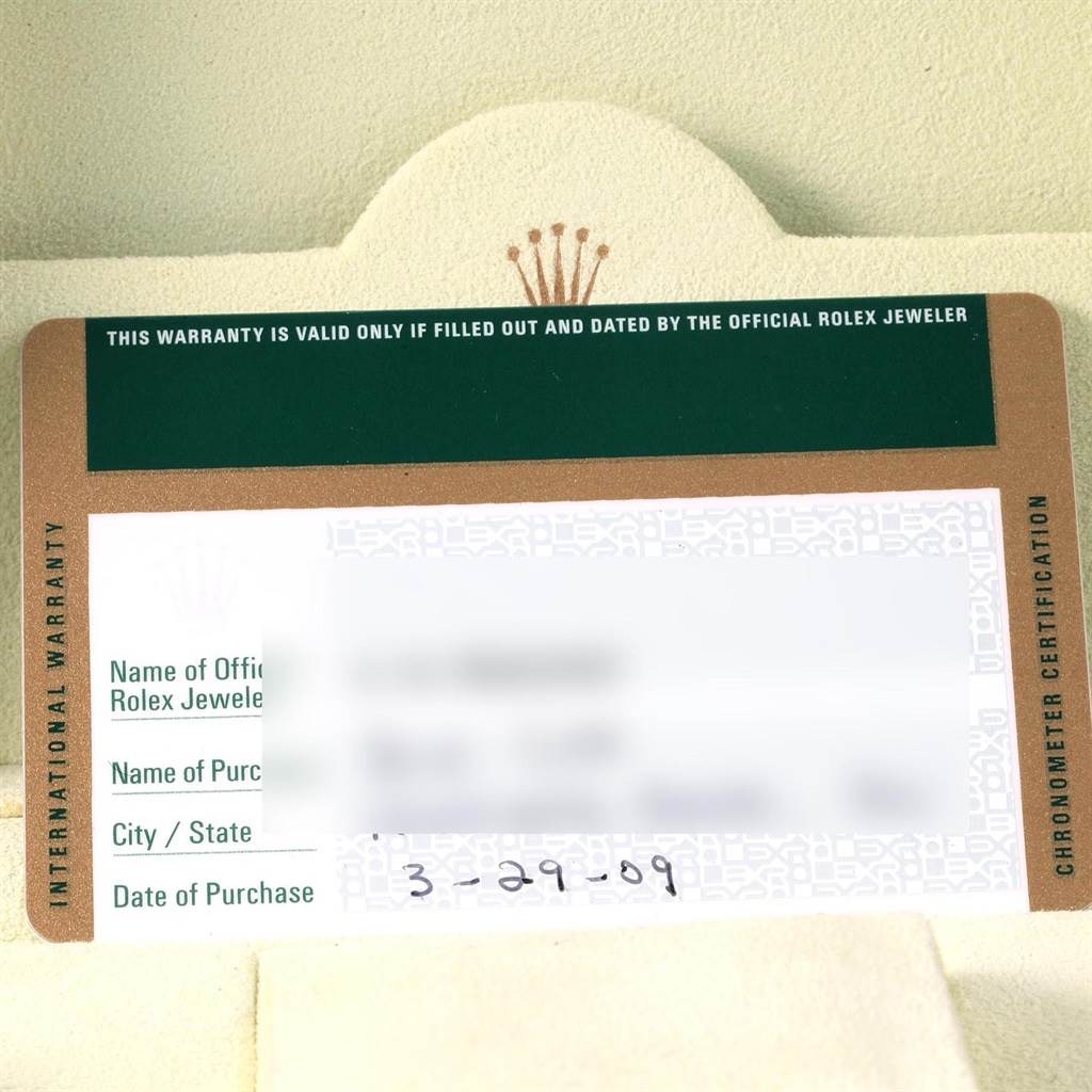 The image shows an International Warranty card for a Rolex GMT-Master 116710 Men's Stainless Steel Black Dial 116710 Men's Stainless Steel Black Dial watch, detailing jeweler information and the purchase date.