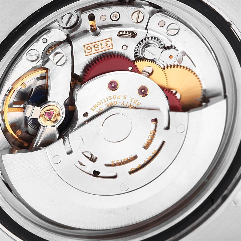 This is a close-up view of the movement mechanism of a Rolex GMT-Master 116710 Men's Stainless Steel Black Dial 116710 Men's Stainless Steel Black Dial watch.