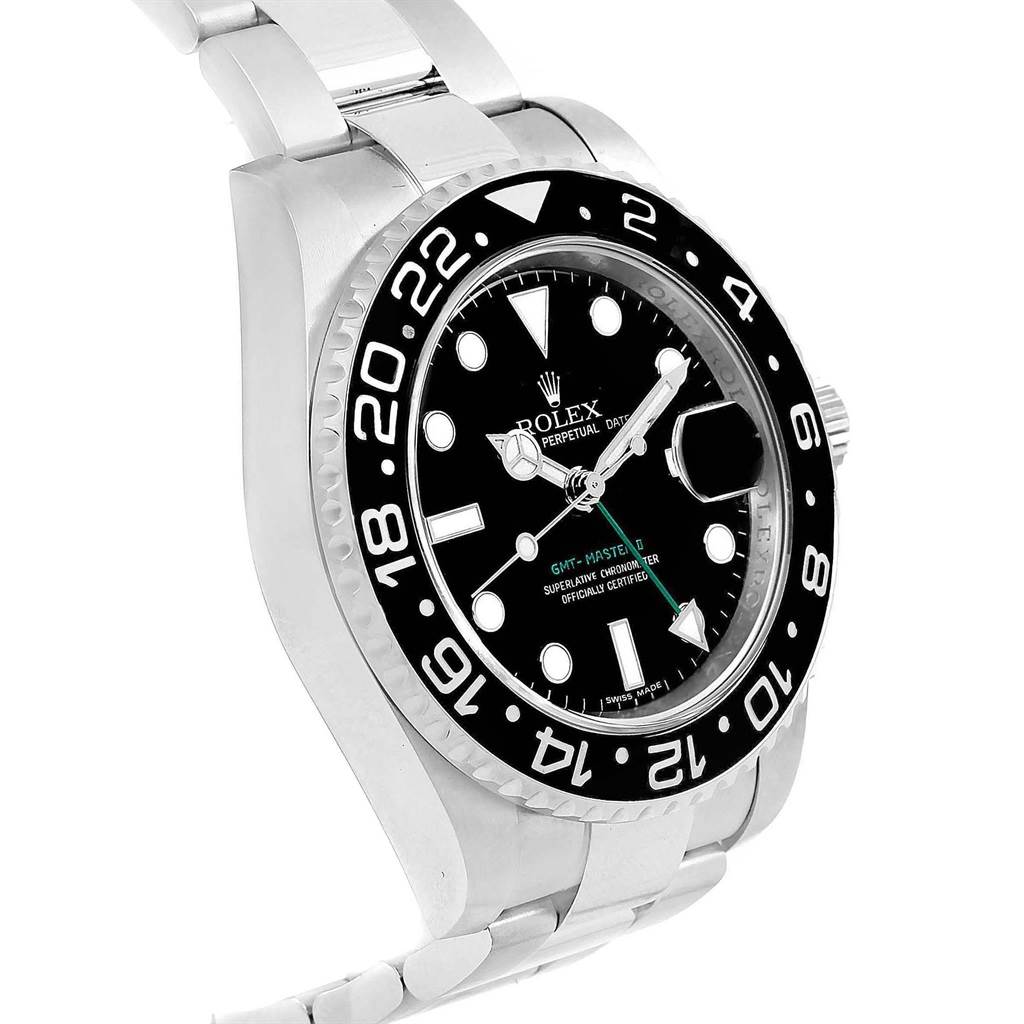 This Rolex GMT-Master 116710 Men's Stainless Steel Black Dial 116710 Men's Stainless Steel Black Dial watch is shown at an angled side view, highlighting the bezel, dial, and bracelet.