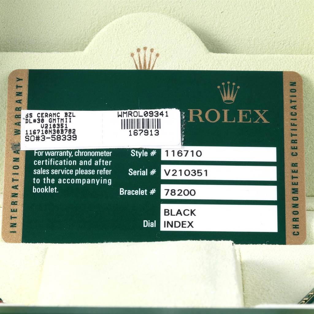 The image shows the warranty and chronometer certification card for a Rolex GMT-Master 116710 Men's Stainless Steel Black Dial 116710 Men's Stainless Steel Black Dial II watch.