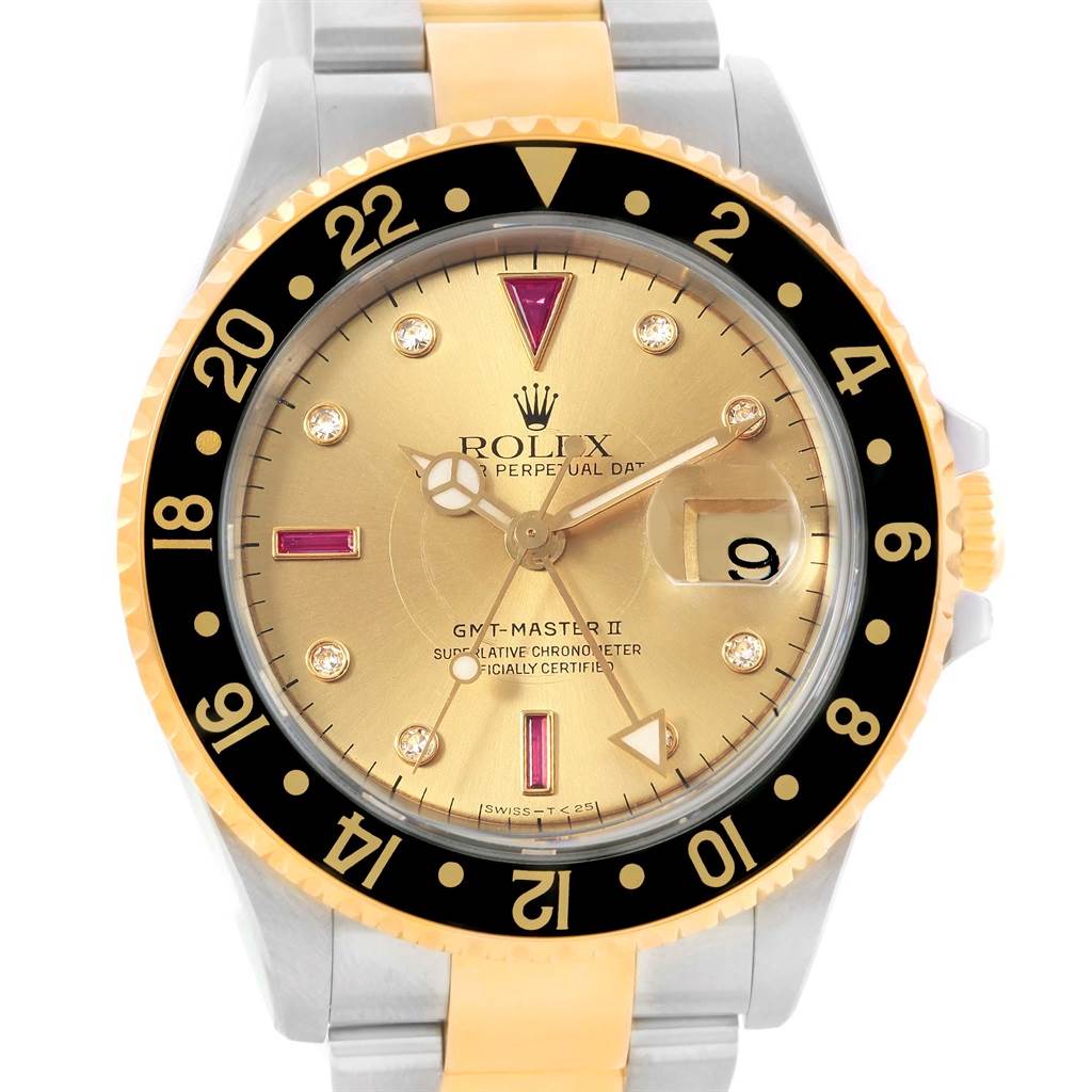 The image shows a front view of a Rolex GMT-Master 16713 Men's Stainless Steel Champagne Dial 16713 Men's Stainless Steel Champagne Dial II watch, displaying the dial, bezel, hands, and part of the bracelet.