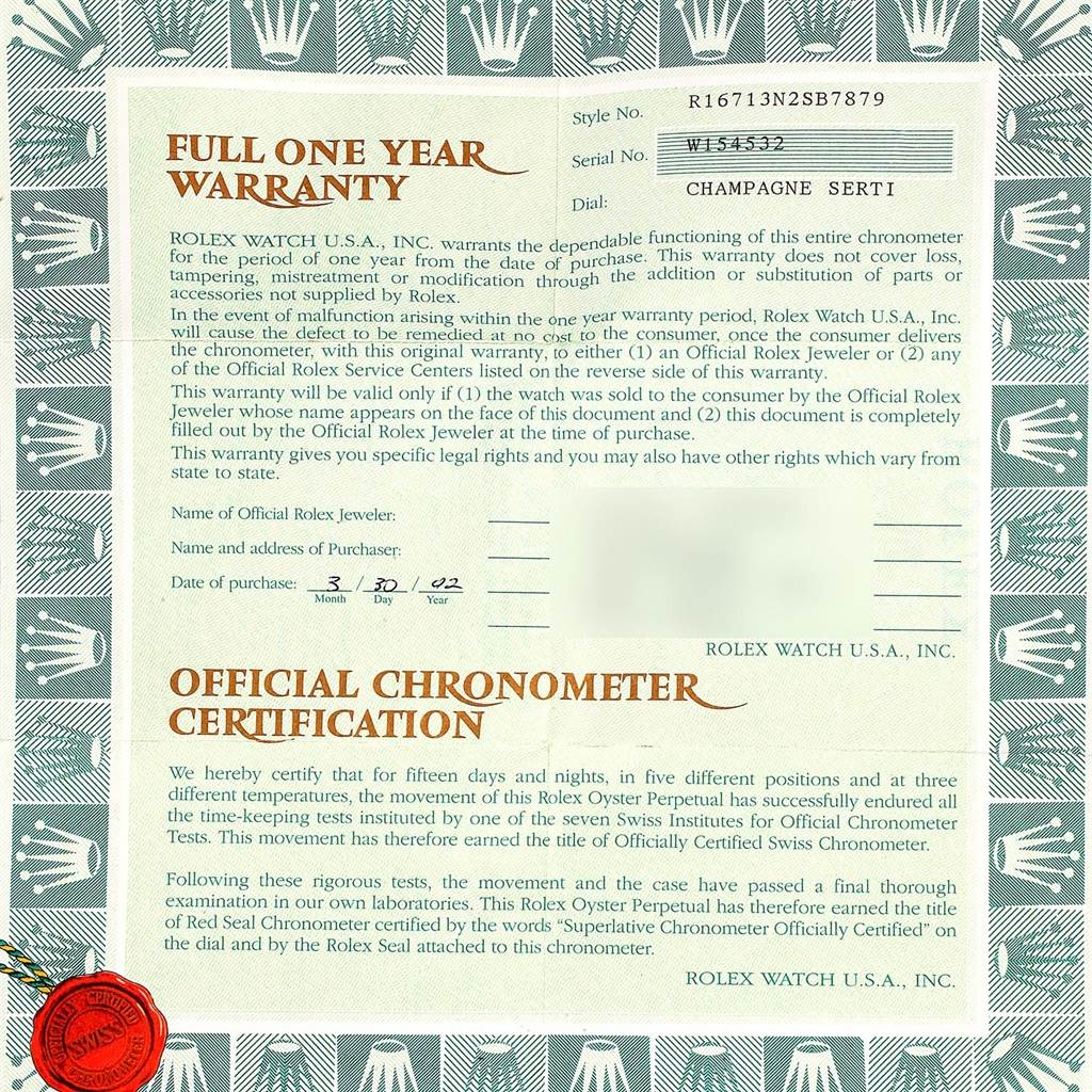 The image shows the warranty card and official chronometer certification for a Rolex GMT-Master 16713 Men's Stainless Steel Champagne Dial 16713 Men's Stainless Steel Champagne Dial watch.