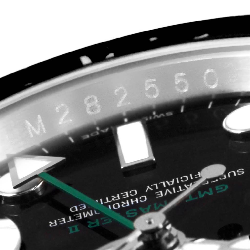 The image shows a close-up of the dial, hands, and markers of a Rolex GMT-Master 116710 Men's Stainless Steel Black Dial 116710 Men's Stainless Steel Black Dial II watch.