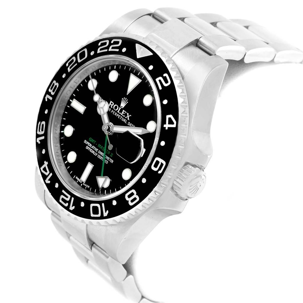 The GMT-Master Rolex watch is shown at an angled side view displaying its dial, bezel, crown, and bracelet.