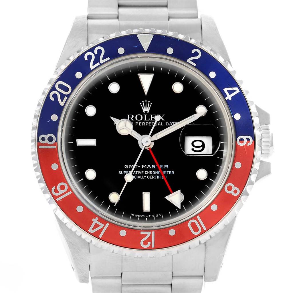 This image shows the front view of a Rolex GMT-Master 16700 Men's Stainless Steel Black Dial 16700 Men's Stainless Steel Black Dial watch, highlighting the dial, bezel, and bracelet.