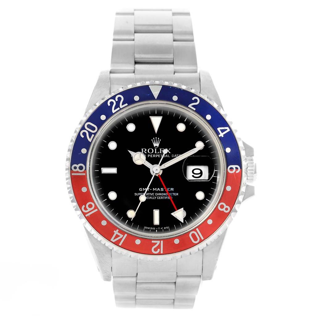 This image shows a front view of a Rolex GMT-Master 16700 Men's Stainless Steel Black Dial 16700 Men's Stainless Steel Black Dial watch, highlighting its dial, bezel, and bracelet.