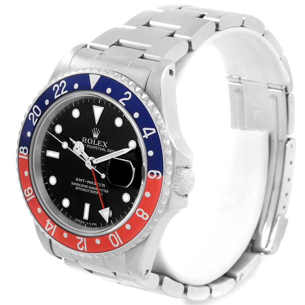 The Rolex GMT-Master 16700 Men's Stainless Steel Black Dial 16700 Men's Stainless Steel Black Dial watch is shown at a three-quarter angle, highlighting the bezel, dial, and bracelet.