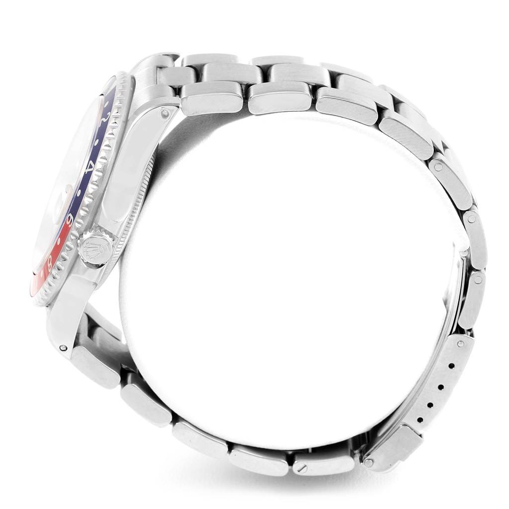 This image shows a side view of the Rolex GMT-Master 16700 Men's Stainless Steel Black Dial 16700 Men's Stainless Steel Black Dial watch, highlighting the bracelet, case, and bezel.