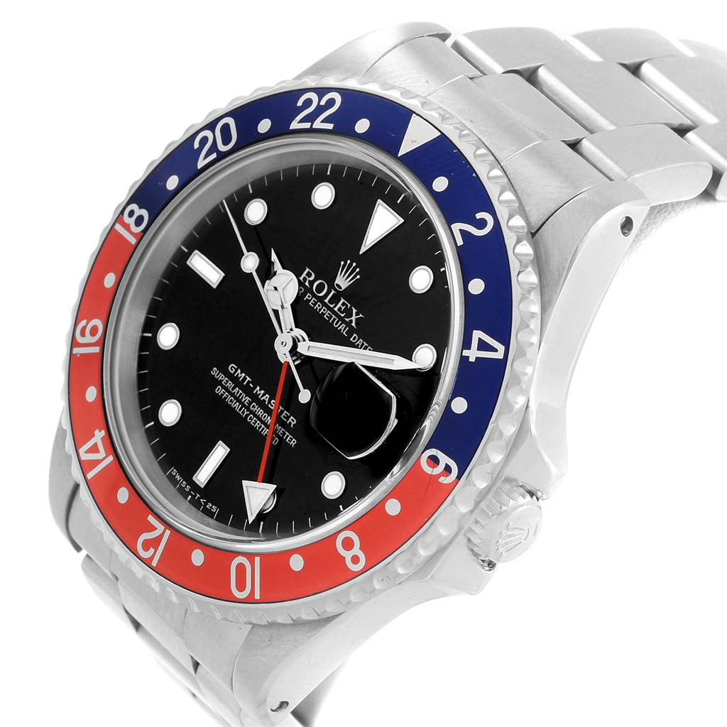 This image shows a close-up of the Rolex GMT-Master 16700 Men's Stainless Steel Black Dial 16700 Men's Stainless Steel Black Dial watch, highlighting its bezel, crown, case, and part of the bracelet.