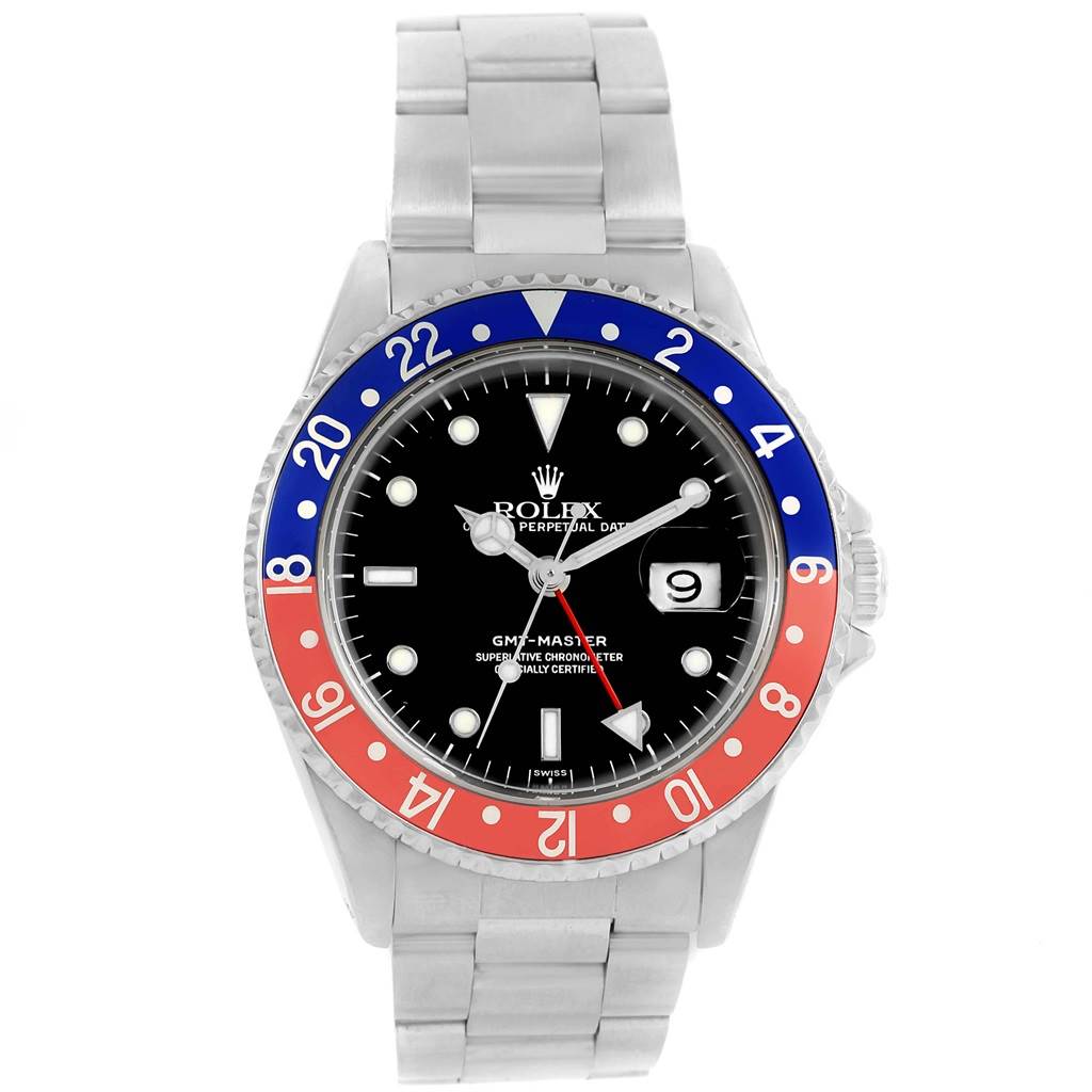 This image shows a frontal view of the Rolex GMT-Master 16700 Men's Stainless Steel Black Dial 16700 Men's Stainless Steel Black Dial watch, highlighting its dial, bezel, and bracelet.
