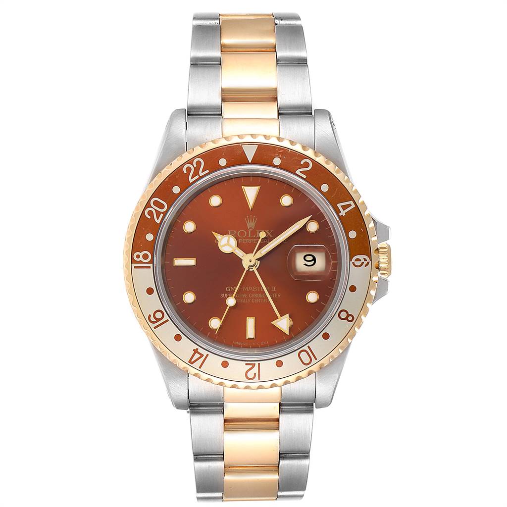 The image shows a front view of a Rolex GMT-Master 16713 Men's Stainless Steel Brown Dial 16713 Men's Stainless Steel Brown Dial watch, highlighting the dial, bezel, hands, and bracelet.