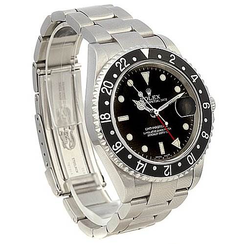 The image shows a Rolex GMT-Master 16710 Men's Stainless Steel Black Dial 16710 Men's Stainless Steel Black Dial watch at a slight angle, displaying the face, bezel, and part of the bracelet.