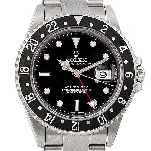 The image shows a front view of a Rolex GMT-Master 16710 Men's Stainless Steel Black Dial 16710 Men's Stainless Steel Black Dial II watch, displaying the dial, date window, bezel, and bracelet.