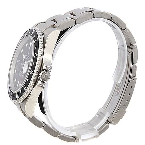 This image shows a side view of a Rolex GMT-Master 16710 Men's Stainless Steel Black Dial 16710 Men's Stainless Steel Black Dial watch, highlighting its bezel, crown, and bracelet.