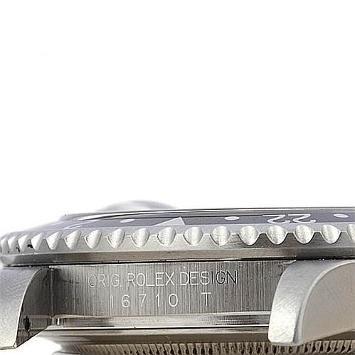 This image shows a close-up side angle of a Rolex GMT-Master 16710 Men's Stainless Steel Black Dial 16710 Men's Stainless Steel Black Dial watch, highlighting the bezel and lugs with the model number engraved.