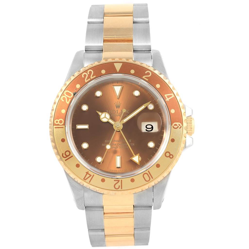 The image shows a front view of a Rolex GMT-Master 16713 Men's Stainless Steel Brown Dial 16713 Men's Stainless Steel Brown Dial watch featuring its dial, bezel, bracelet, and date window.