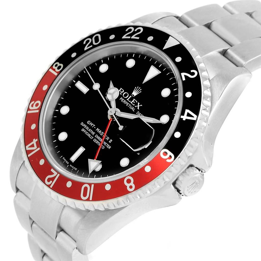 The image shows a Rolex GMT-Master 16710 Men's Stainless Steel Black Dial 16710 Men's Stainless Steel Black Dial II watch at an angled view displaying the bezel, dial, bracelet, and crown.