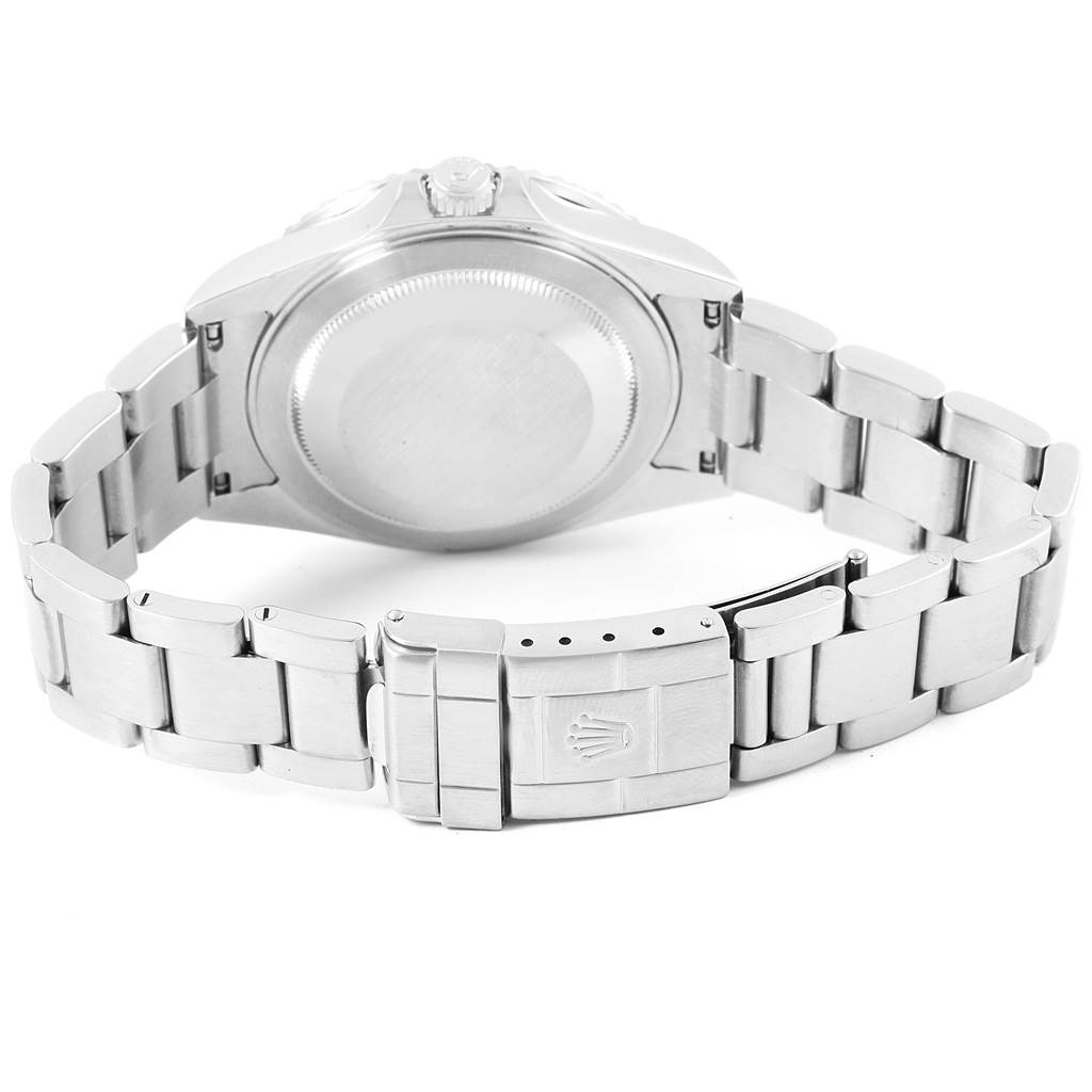 The image displays the rear view of a Rolex GMT-Master 16710 Men's Stainless Steel Black Dial 16710 Men's Stainless Steel Black Dial watch focusing on the clasp, bracelet, and case back.