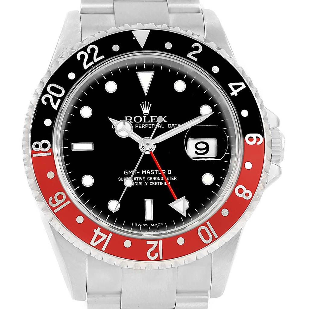 This image shows a front view of a Rolex GMT-Master 16710 Men's Stainless Steel Black Dial 16710 Men's Stainless Steel Black Dial II watch, displaying its dial, bezel, and part of the bracelet.