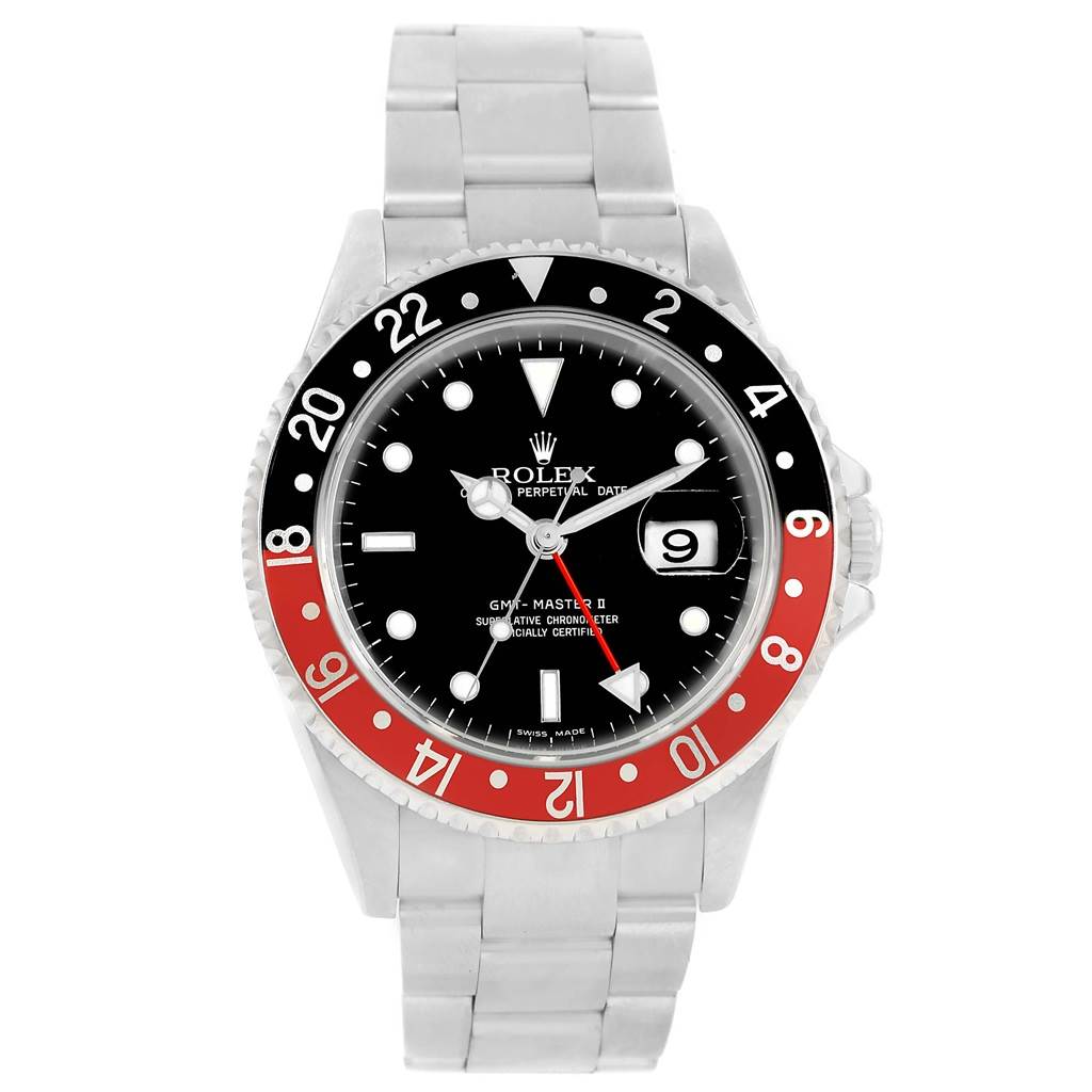 This image shows a front view of a Rolex GMT-Master 16710 Men's Stainless Steel Black Dial 16710 Men's Stainless Steel Black Dial watch, displaying the dial, bezel, and bracelet.