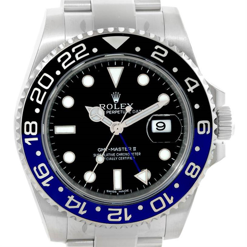 This image shows a front view of the Rolex GMT-Master II watch, highlighting the bezel, dial, and bracelet.